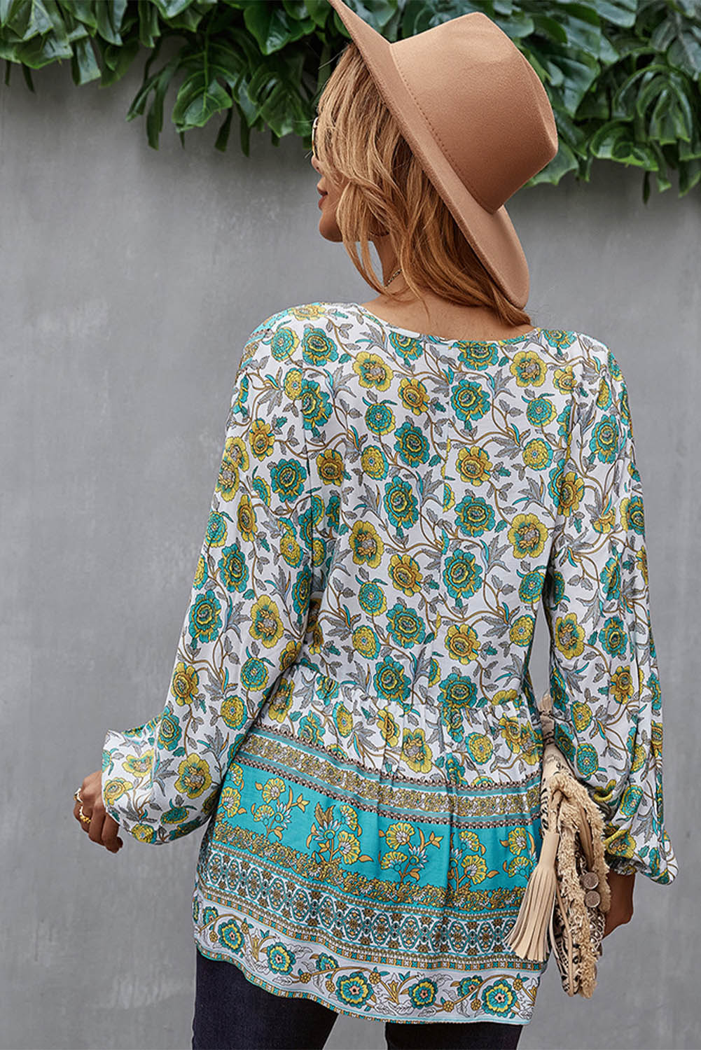 Floral Print Loose Drawstring V Neck Blouse