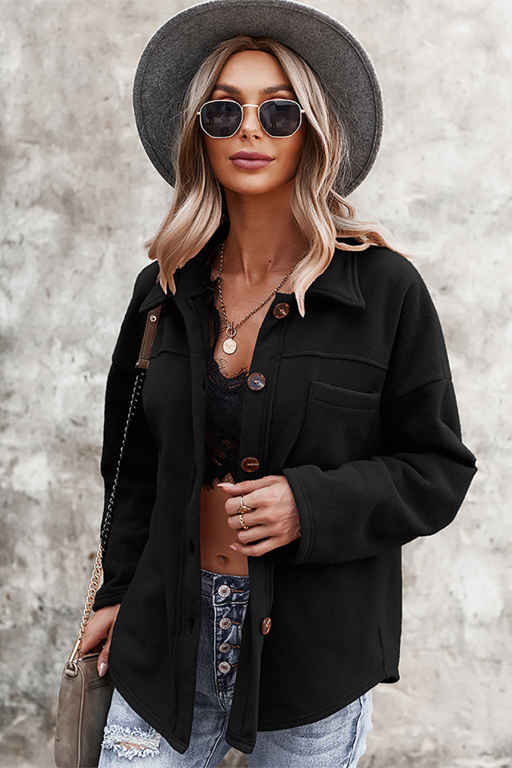 Army Green Turn Down Collar Pocket Button Closure Warm Coat