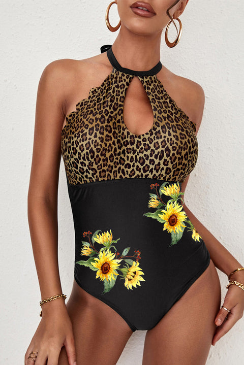 Leopard Scallop Trim Hollow-out One-piece Swimsuit