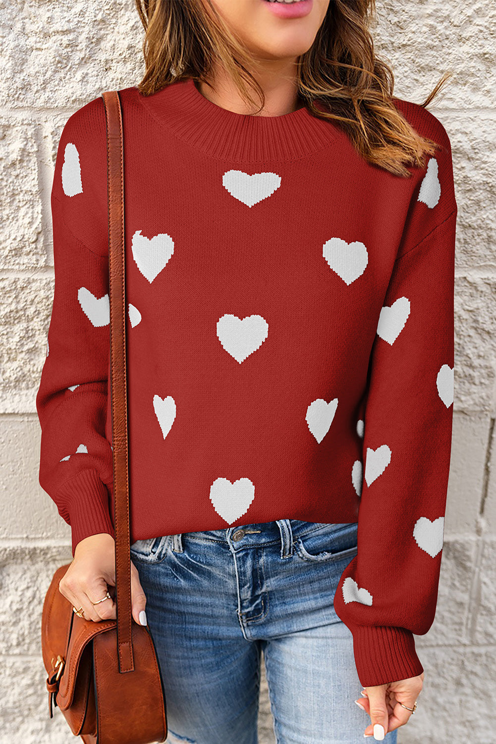 Heart Pattern Ribbed Trim Knit Sweater