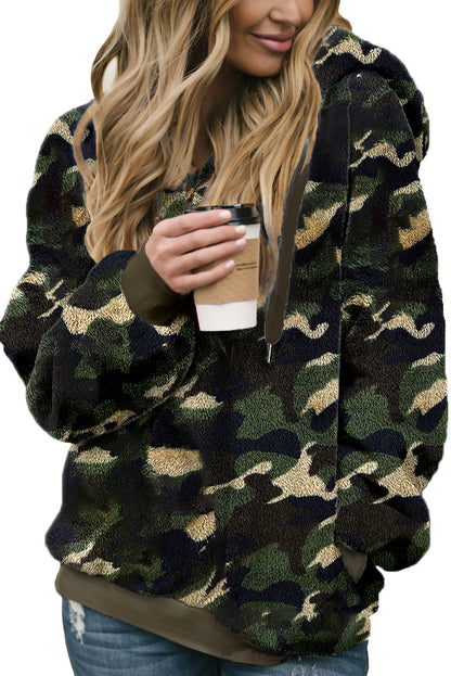 Camo Print Warm Furry Pullover Hoodie