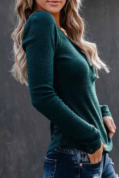 Haut à manches longues côtelé en patchwork de dentelle 