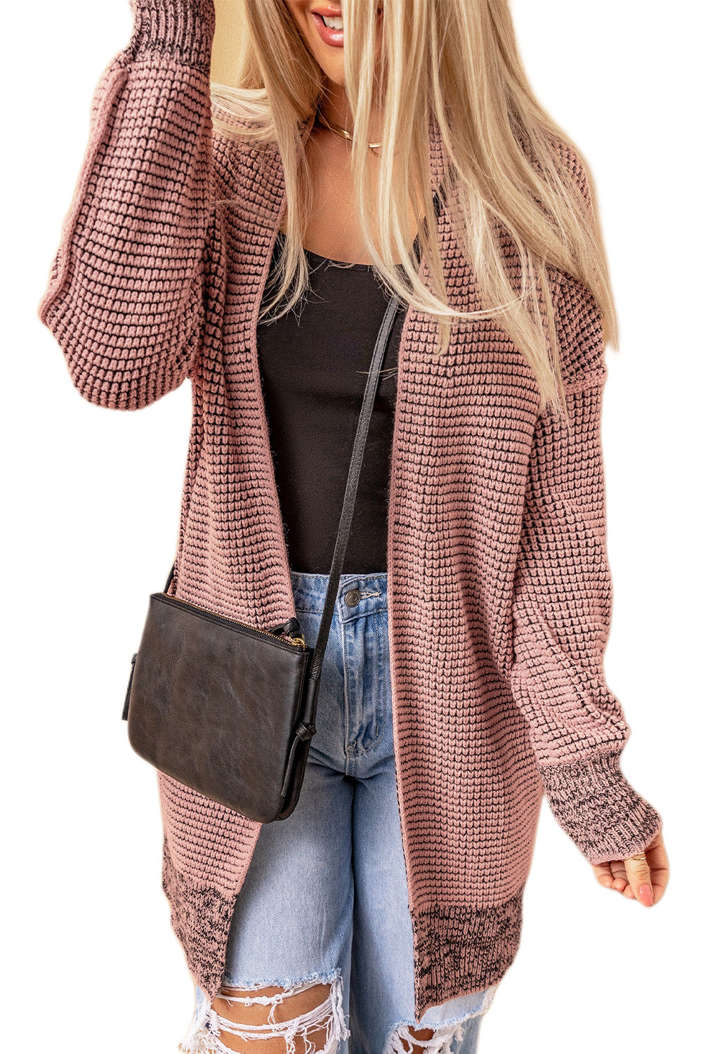 Black Plaid Knitted Long Open Front Cardigan