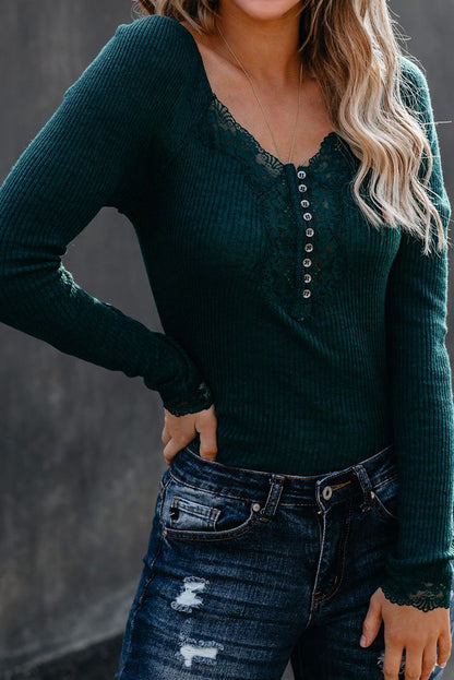 Haut à manches longues côtelé en patchwork de dentelle 