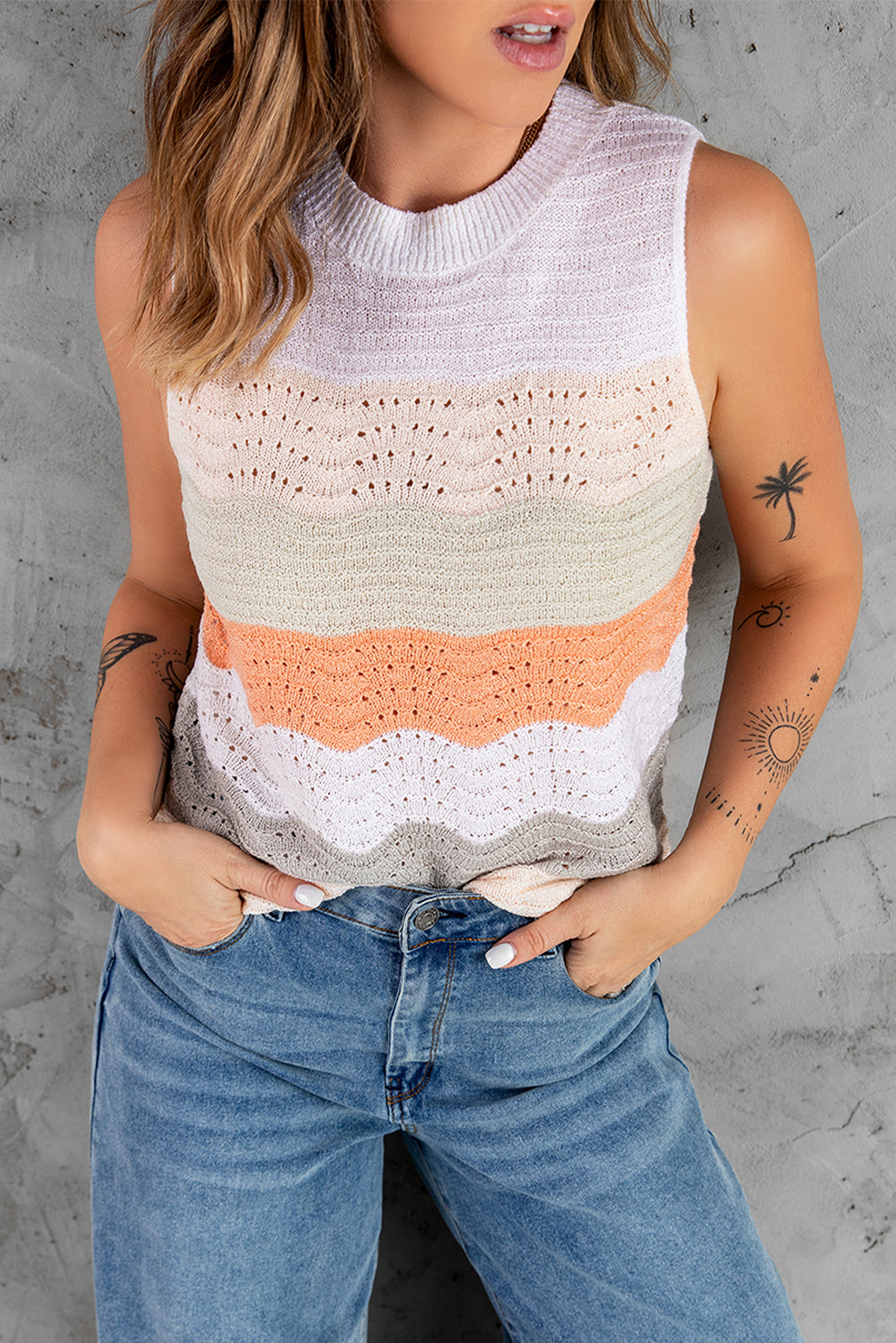 Débardeur à col rond en tricot multicolore à blocs de couleurs