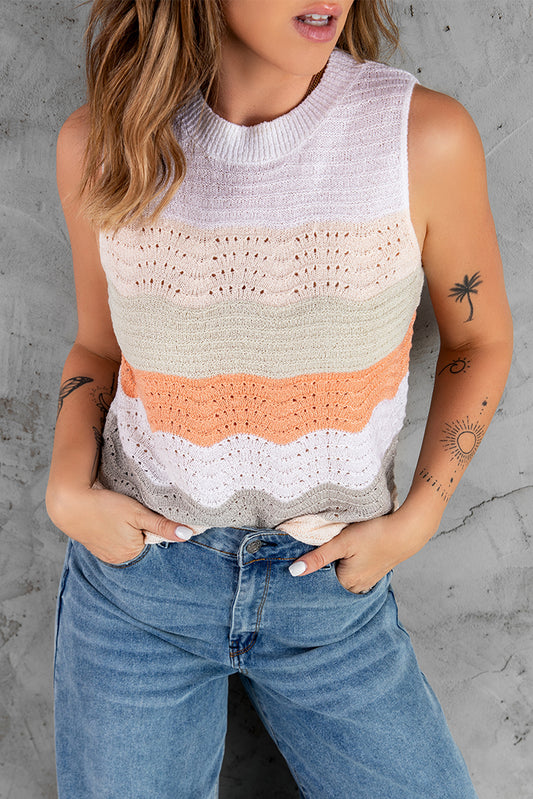 Multicolor Color Block Knitted O-neck Tank Top