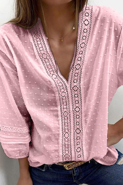 V Neck 3/4 Sleeve Swiss Dot Casual Shirt