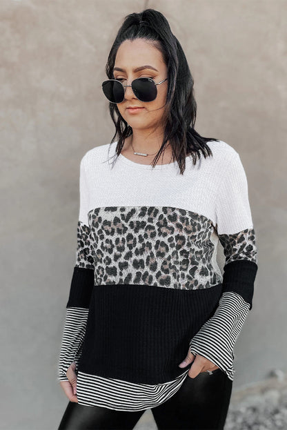 Top de manga larga con estampado de rayas y estampado de leopardo