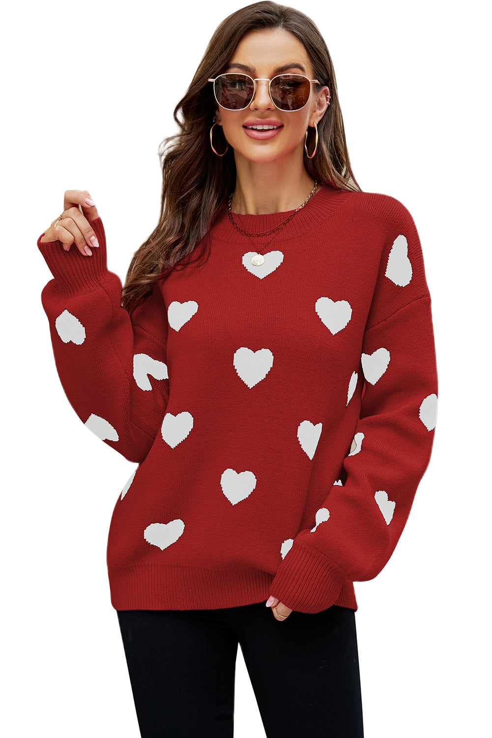 Heart Pattern Ribbed Trim Knit Sweater