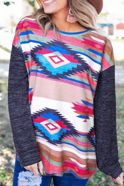 Multicolor Aztec Print Color Block Long Sleeve Top