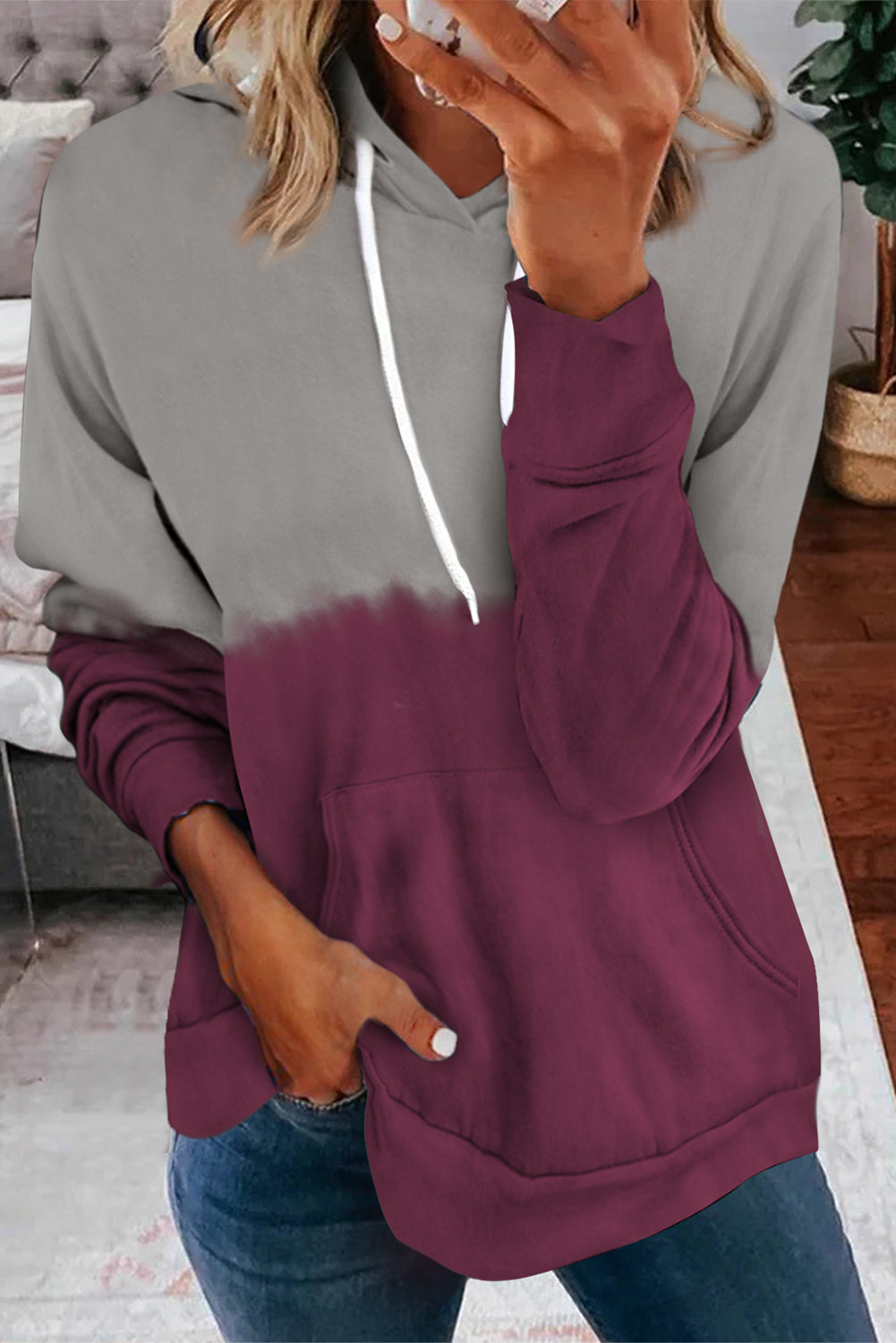 Dip-Dye Colorblock Drawstring Hoodie with Pockets