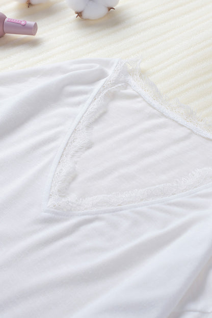 Solid Color Lace V Neck Long Sleeve Top