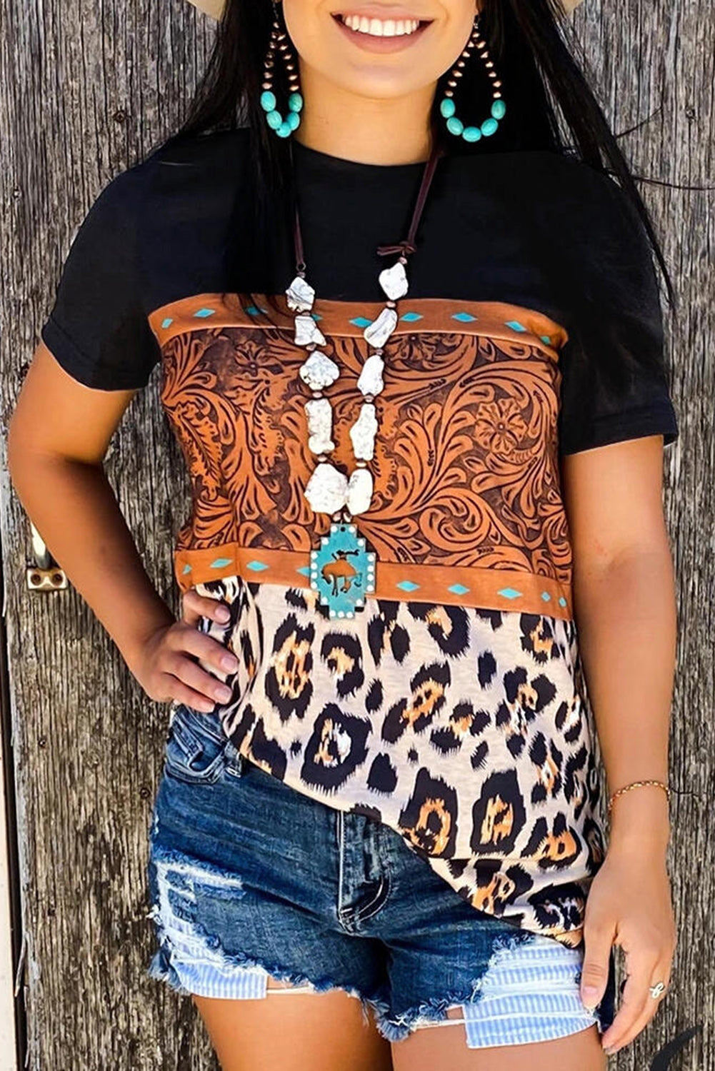 T-shirt à imprimé marbré et à blocs de couleurs 