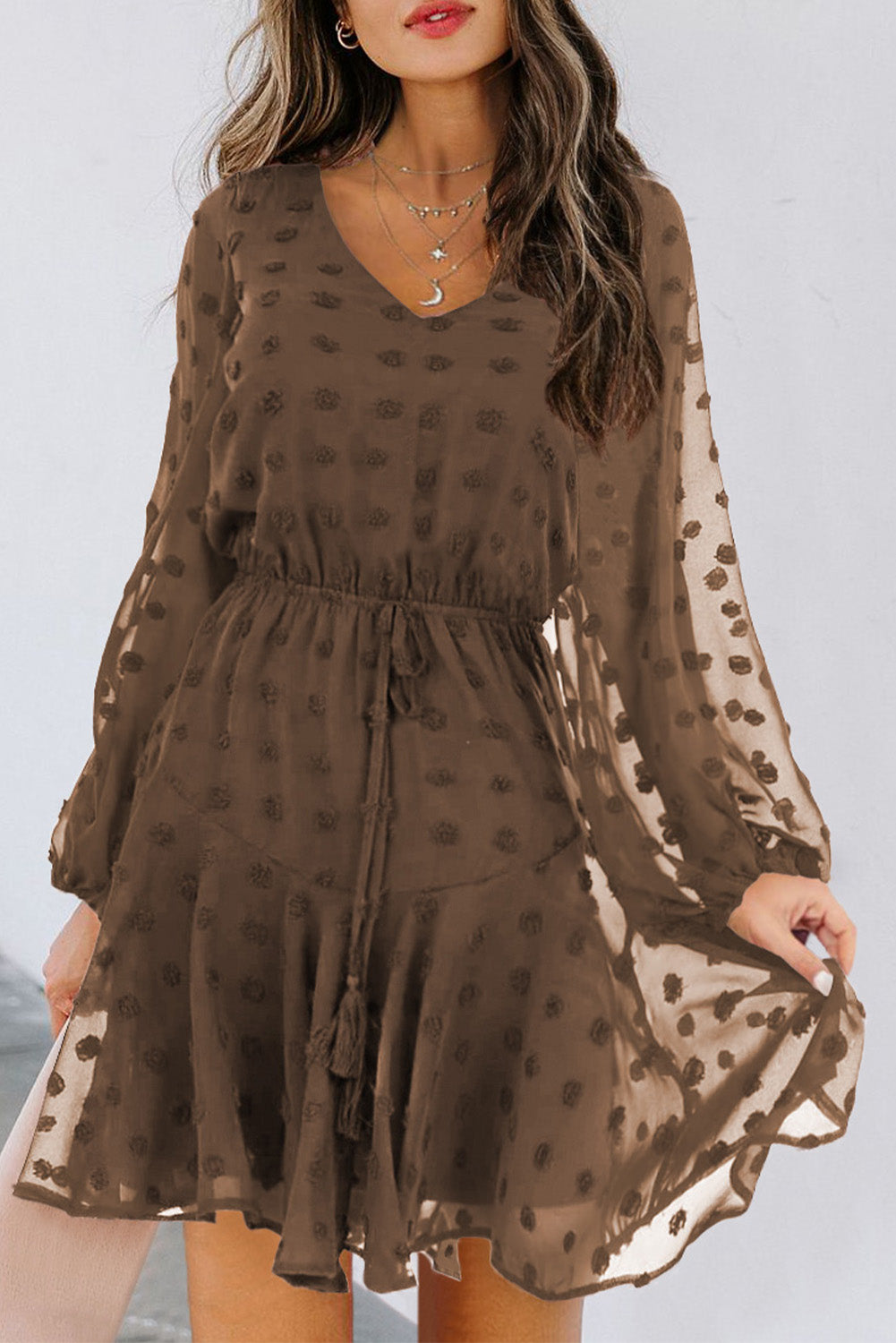 Mini-robe à manches longues et à pois suisses avec lien à la taille 