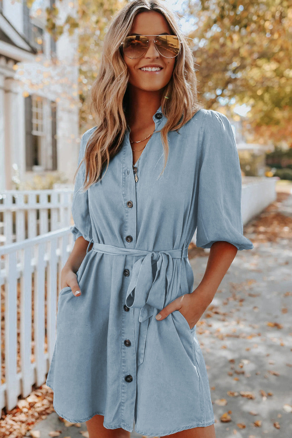 Buttoned Tie Waist Denim Shirt Mini Dress