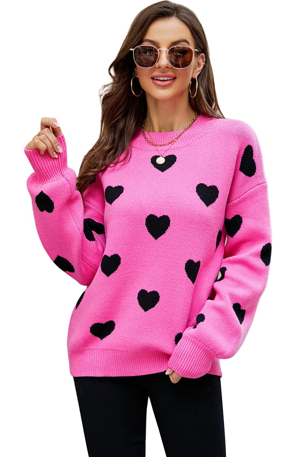 Heart Pattern Ribbed Trim Knit Sweater