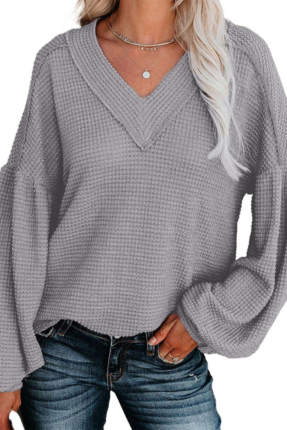 Billowed Sleeve Thermal Knit Top - HannaBanna Clothing