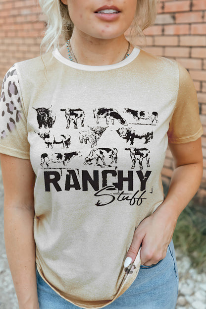 T-shirt kaki à manches courtes imprimé léopard et vache COWGIRL