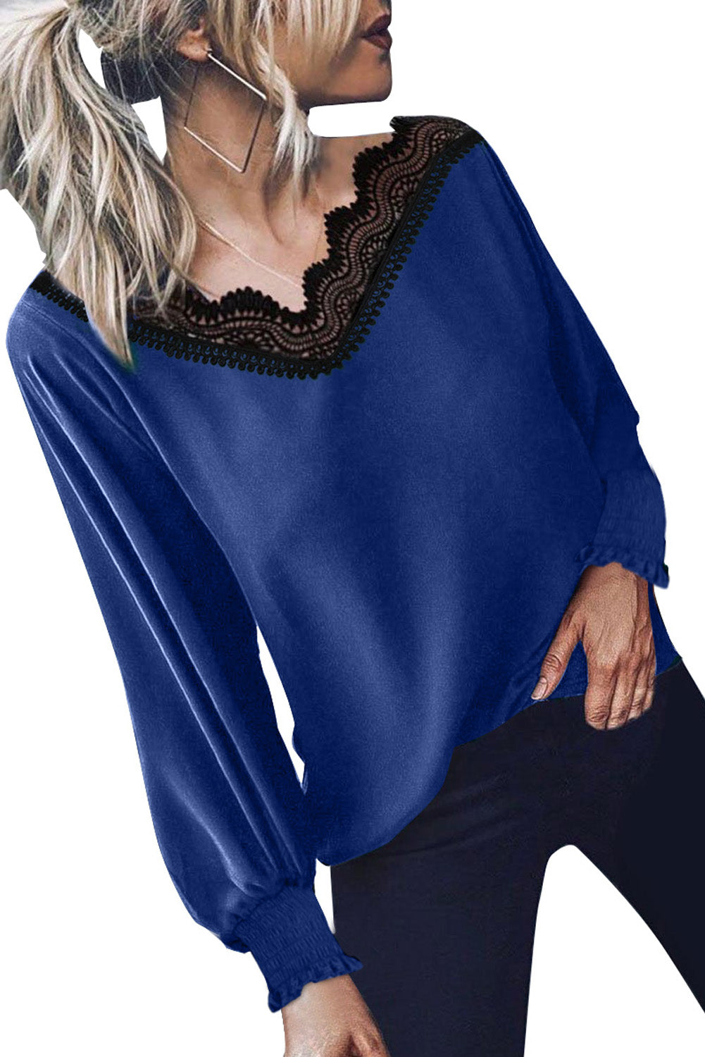 V Neck Lace Patchwork Red Blouse