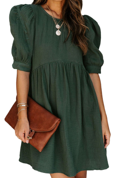 Pocketed Puff Sleeve Empire Waist Swing Short Dress