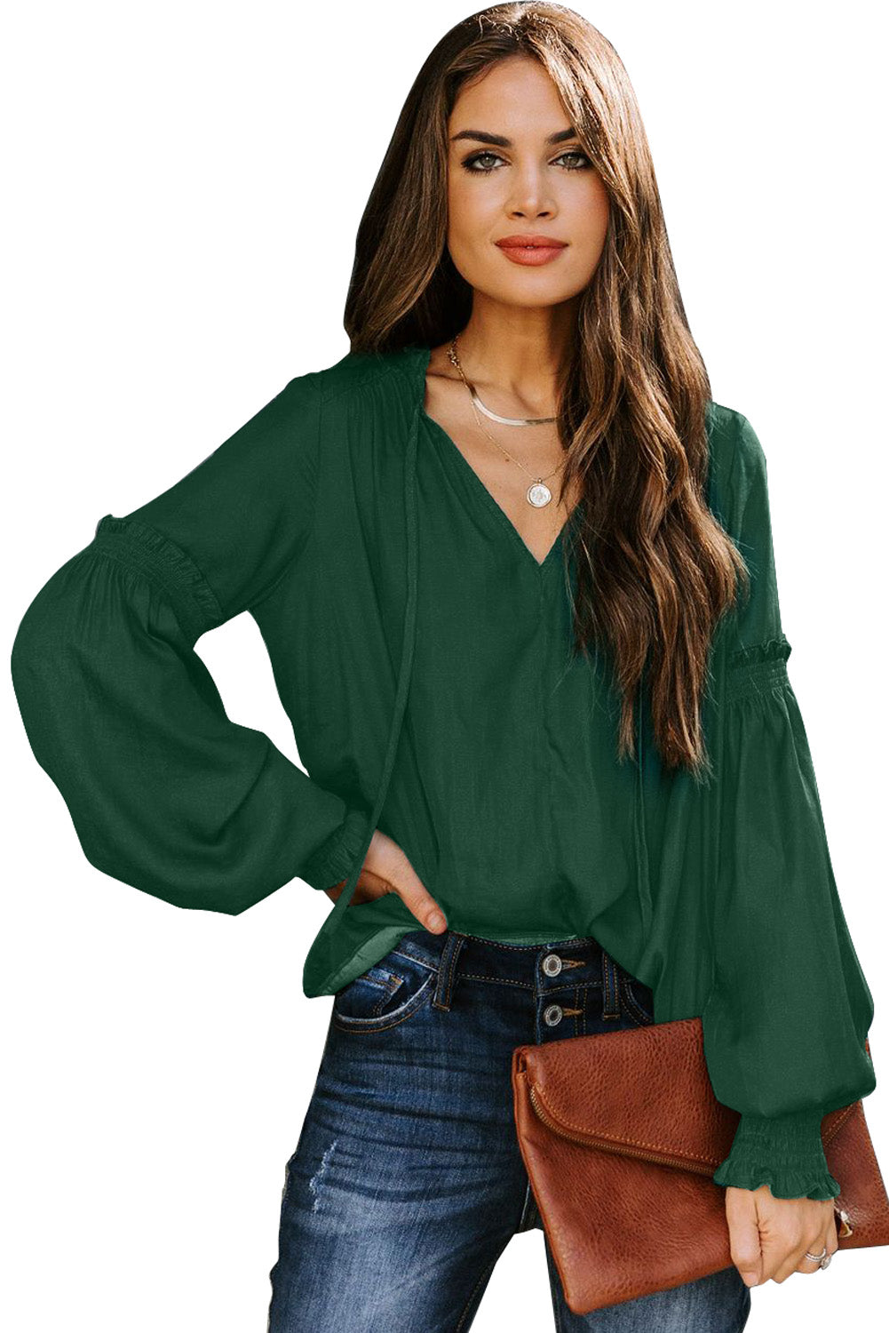Satin V-neck Lantern Sleeve Drawstring Blouse