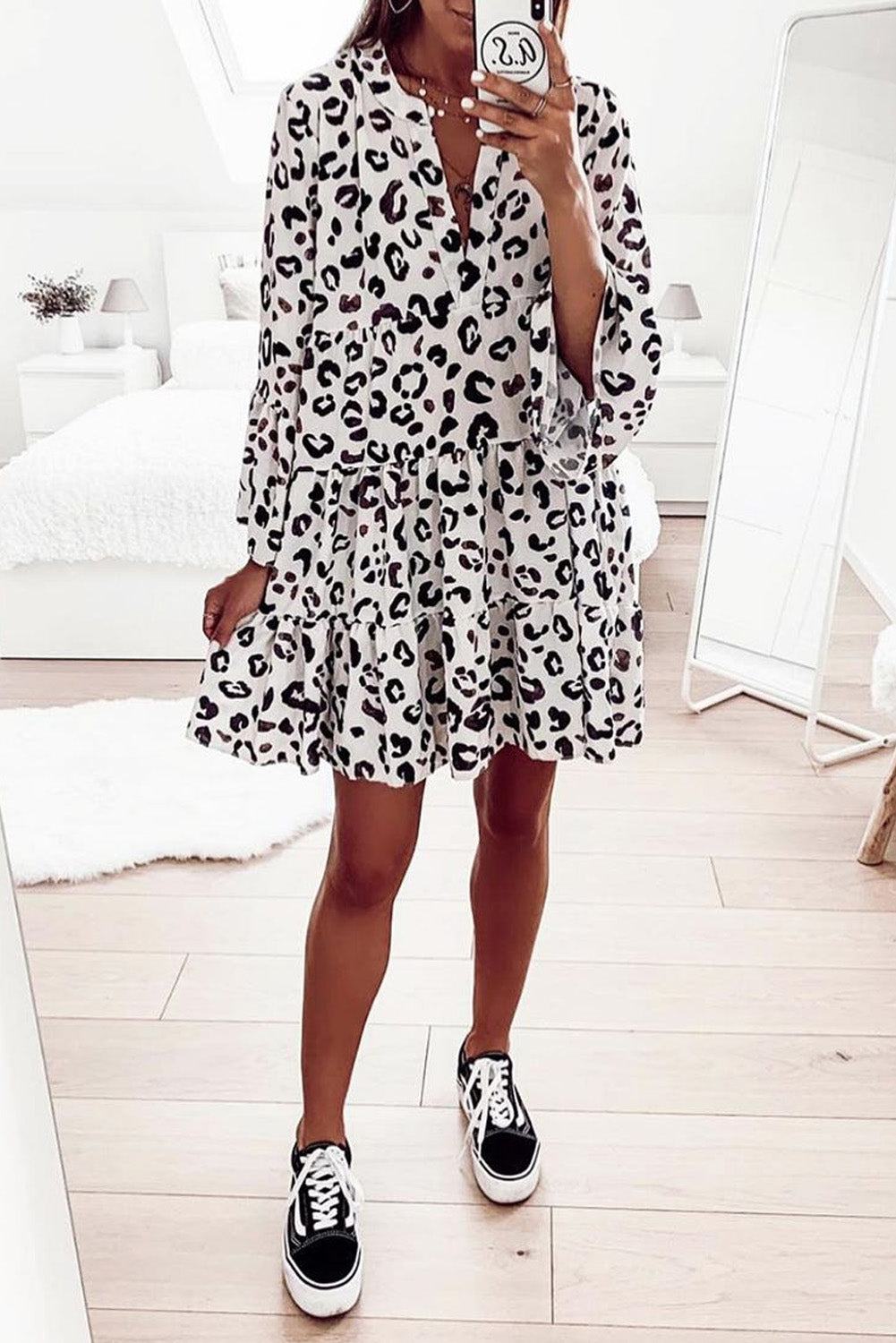 Print V neck Ruffle Swing Mini Dress
