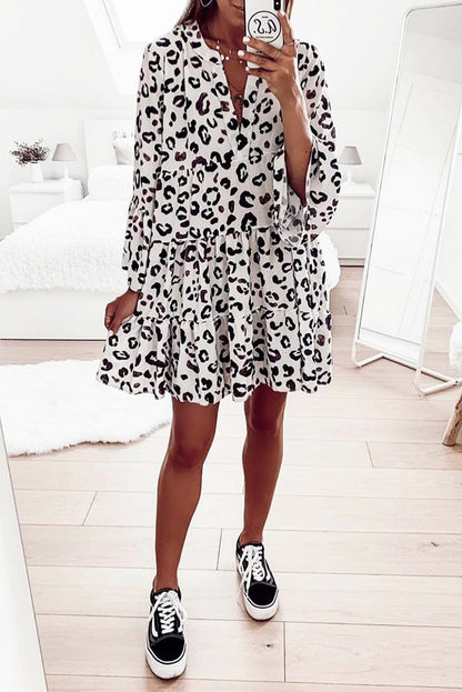 Print V neck Ruffle Swing Mini Dress
