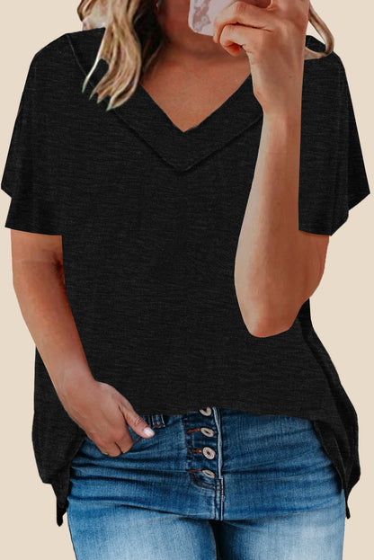 Haut oversize à manches courtes et col en V en mélange de coton délavé minéral 