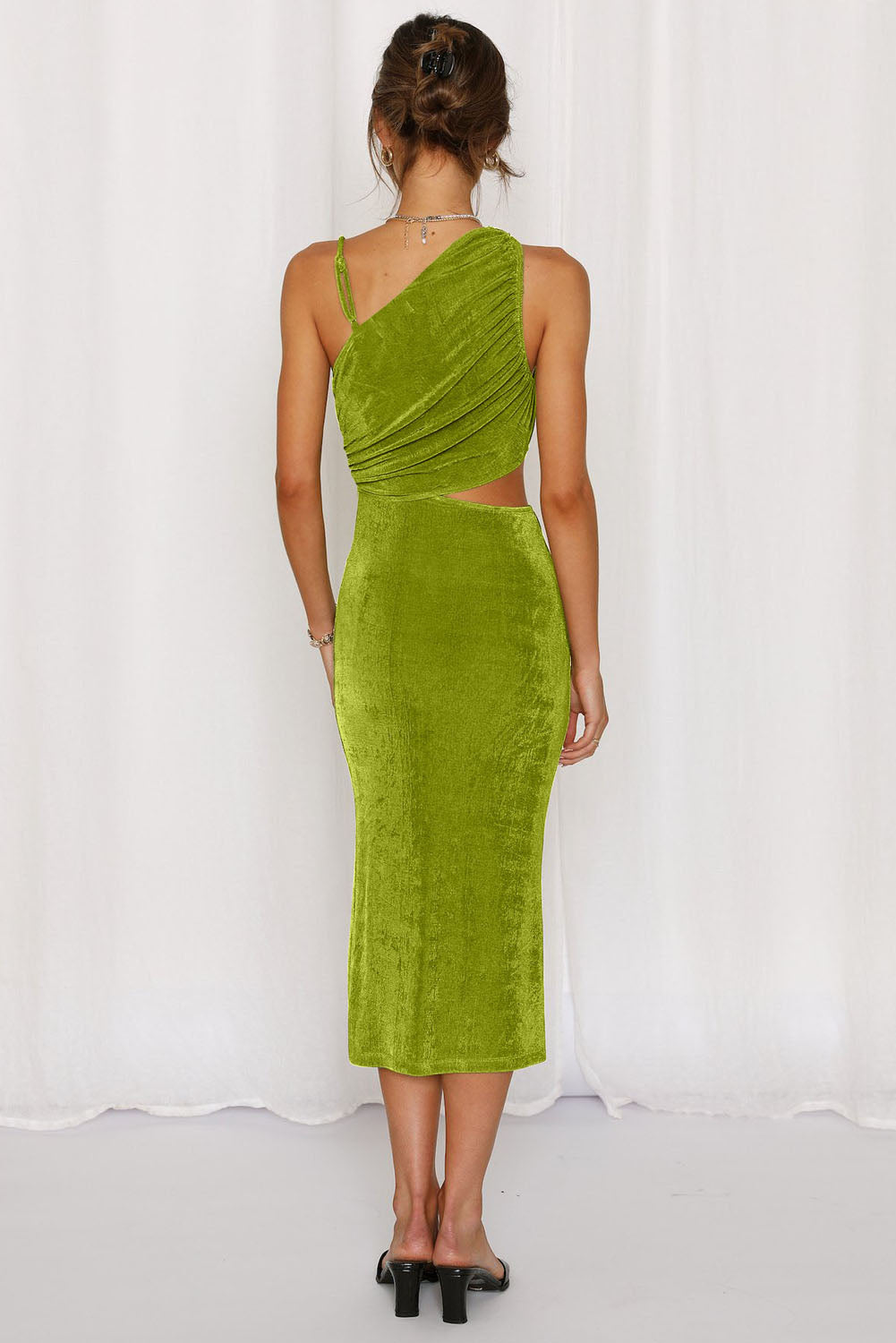 Velvet One Shoulder Sleeveless Cut out Sheath Midi Dress