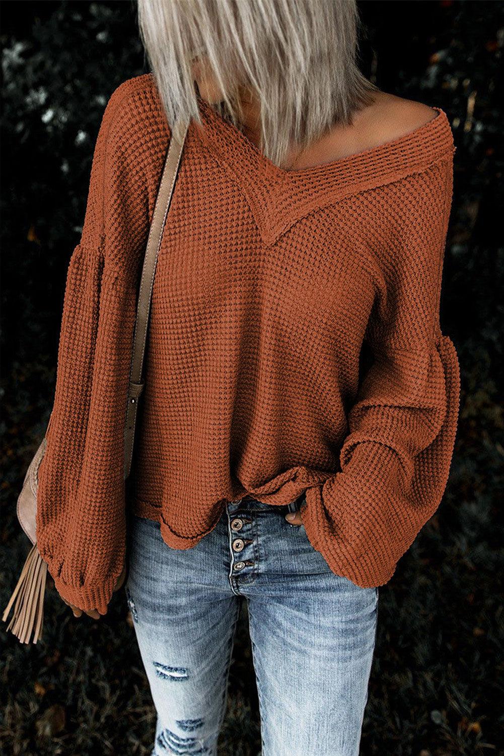 Billowed Sleeve Thermal Knit Top - HannaBanna Clothing