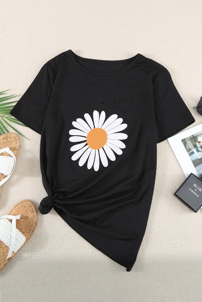 Distressed Crew Neck Leaves Pattern T-shirt