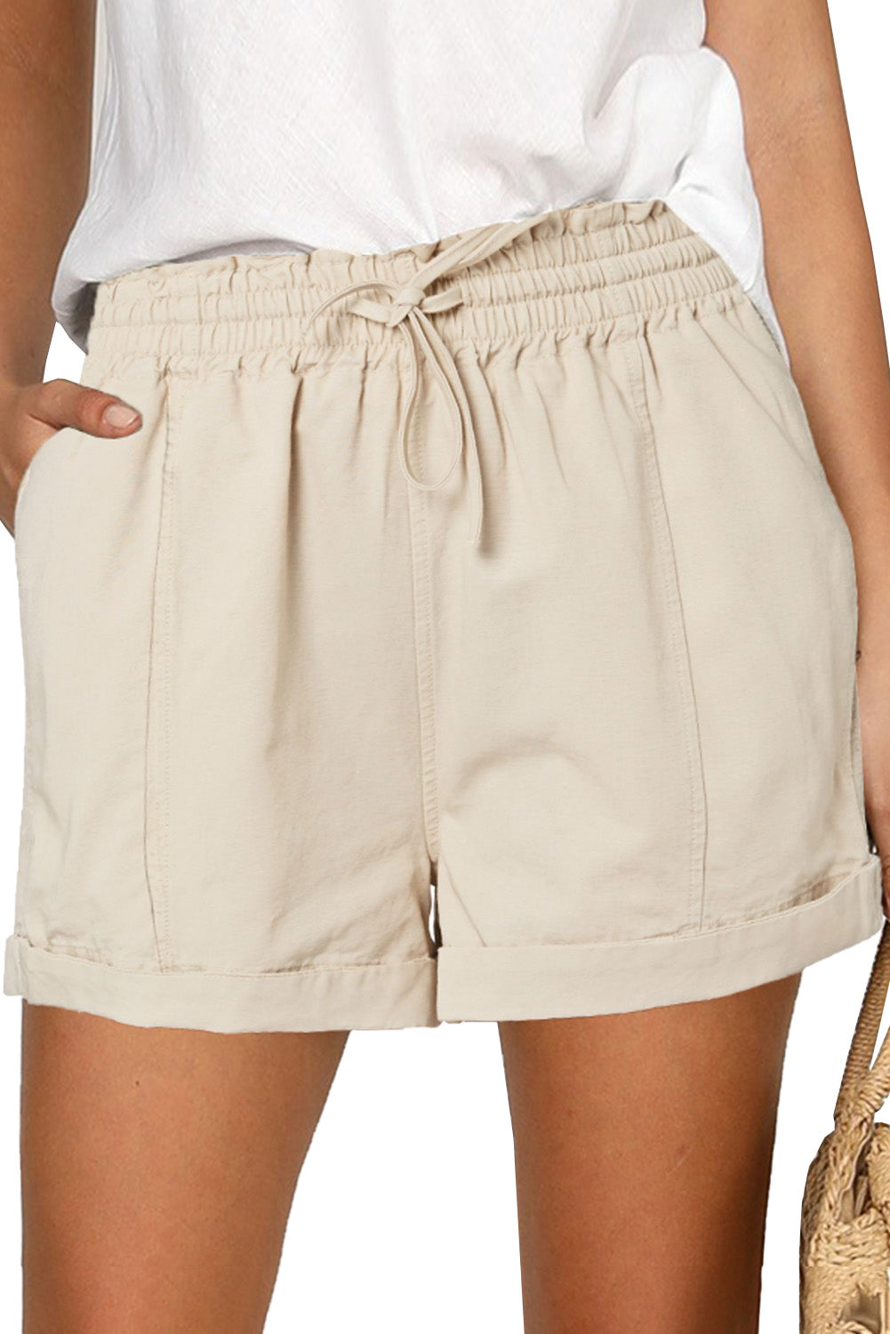 Shorts con cintura elástica y dobladillo enrollado