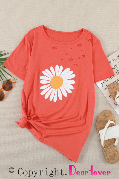 Distressed Crew Neck Leaves Pattern T-shirt