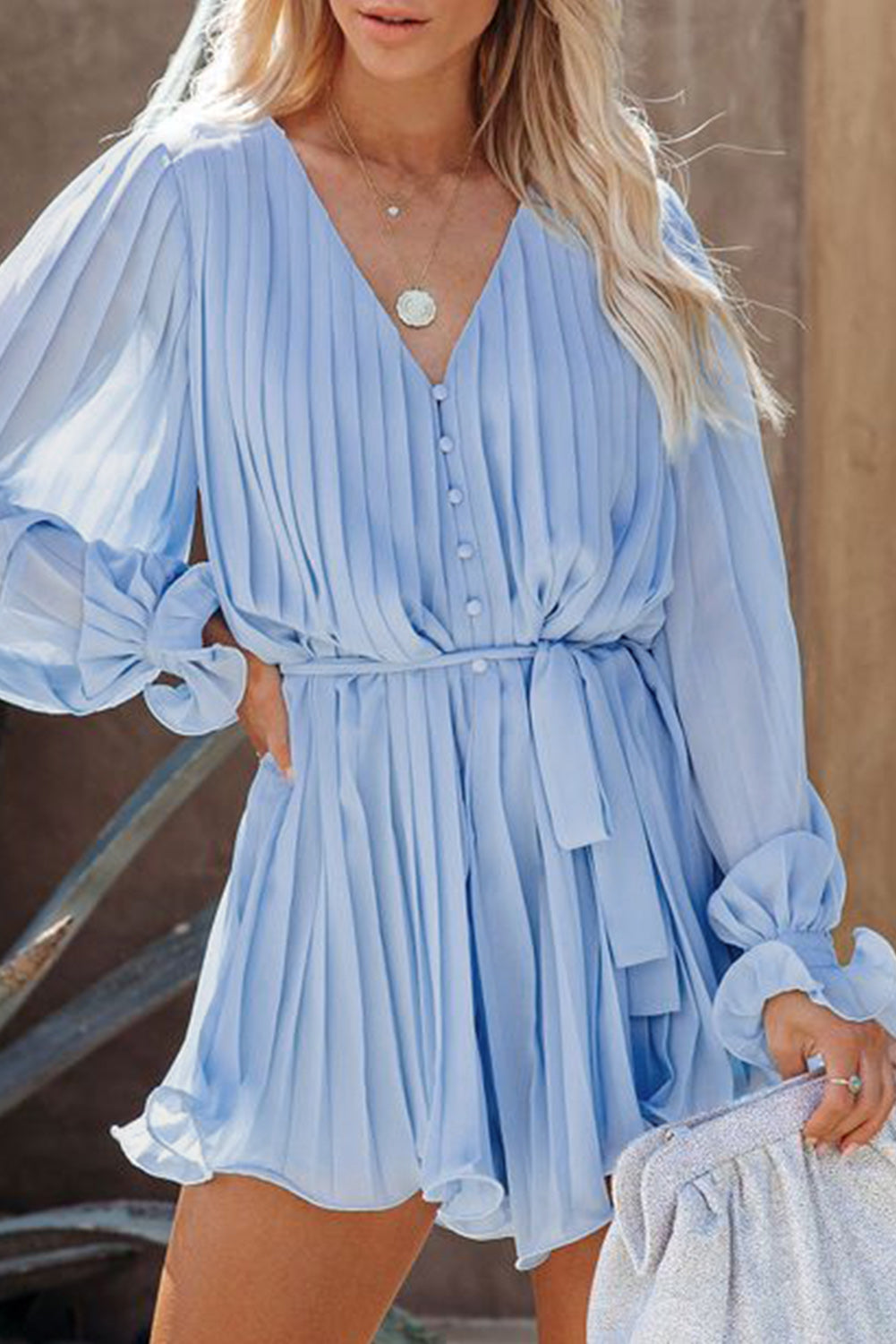 Pleated Ruffled Tie Waist Buttons V Neck Romper