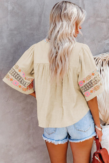 Beige Tassel Drawstring Embroidered Half Sleeve V Neck Top - HannaBanna Clothing