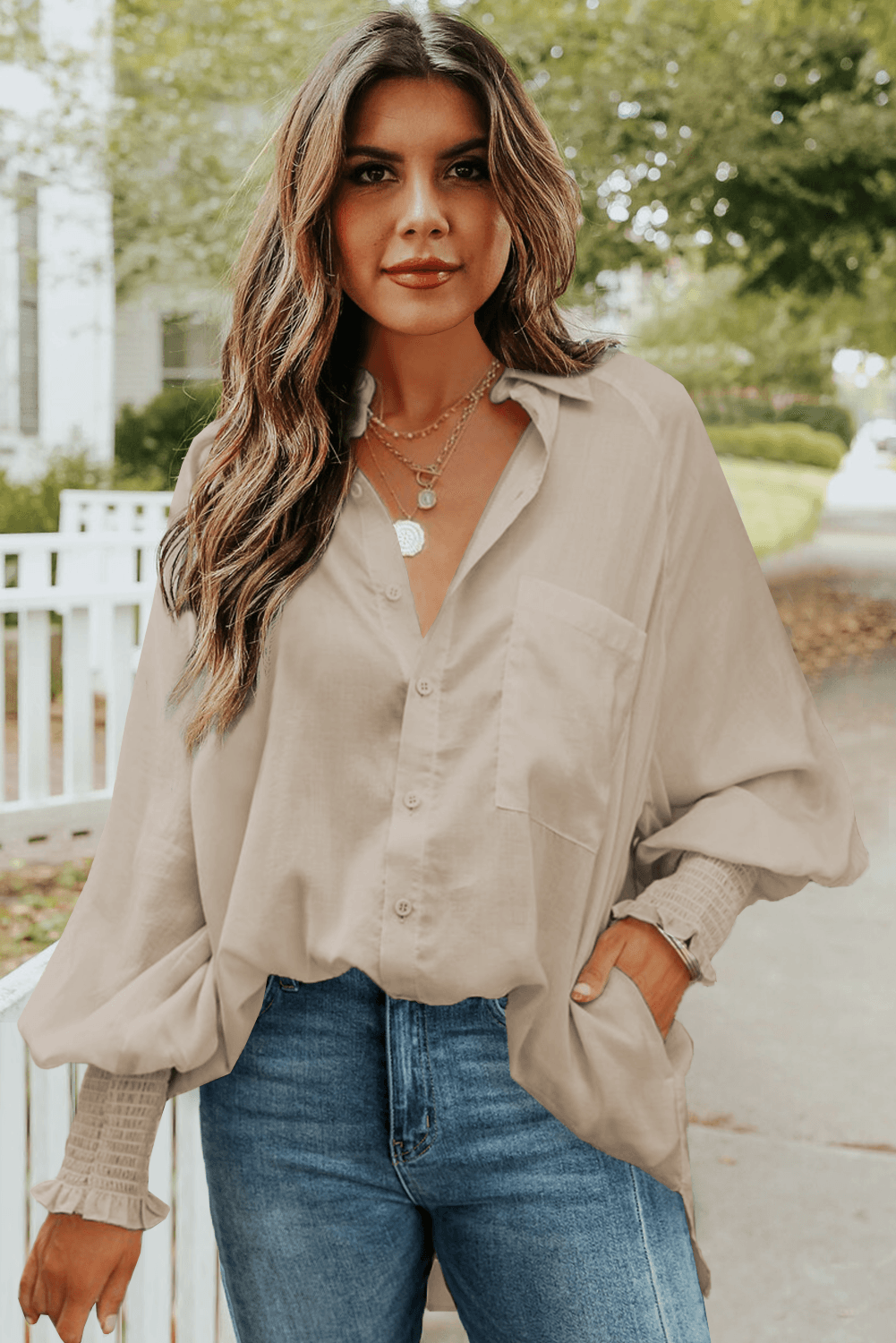 Billowy Sleeves Pocketed Shirt - HannaBanna Clothing