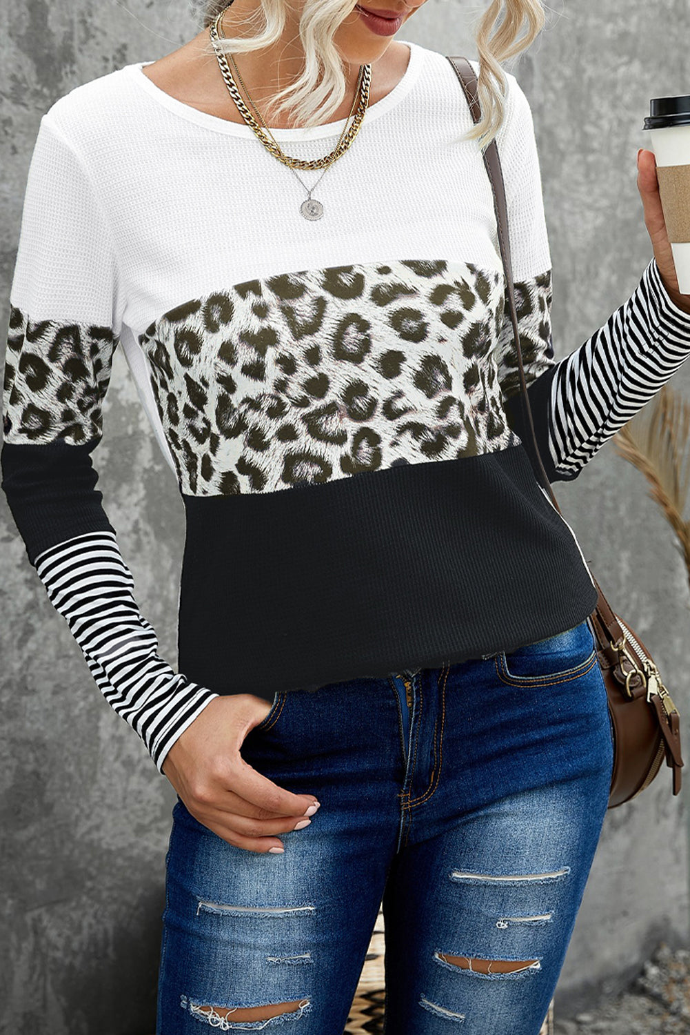 Top de manga larga con estampado de rayas y estampado de leopardo
