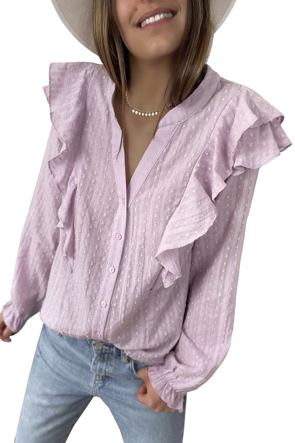 Camisa con mangas de burbujas y volantes transparentes con textura punteada