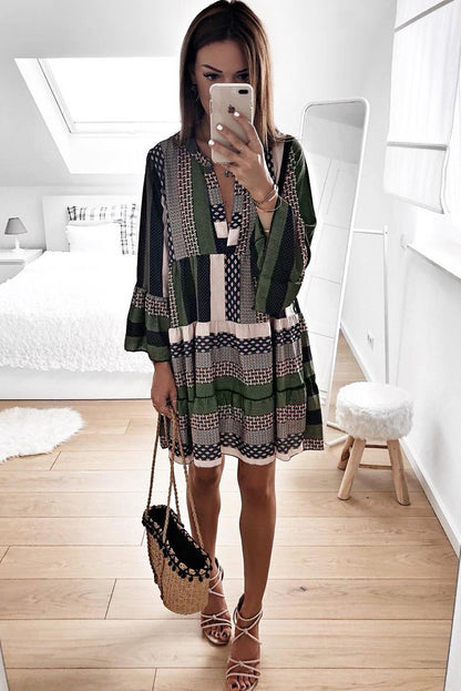 Print V neck Ruffle Swing Mini Dress