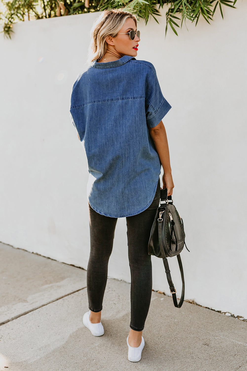 Chemise en jean à manches courtes et col rabattu 