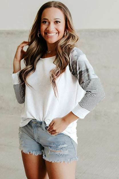 Round Neck Raglan Sleeve Camo Striped Patchwork Top