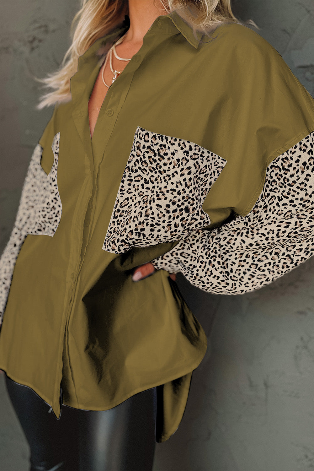 Chemise patchwork à manches longues et épaules tombantes