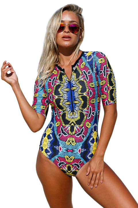 Blue Leaves Zip Front Half Sleeve One Piece Swimsuit
