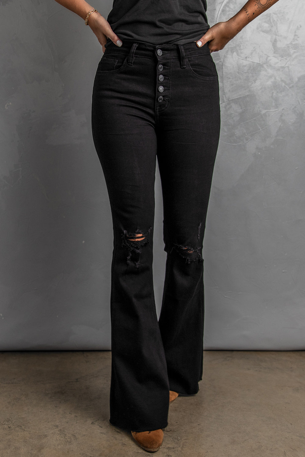 Button Fly Distressed Bell Bottom Jeans