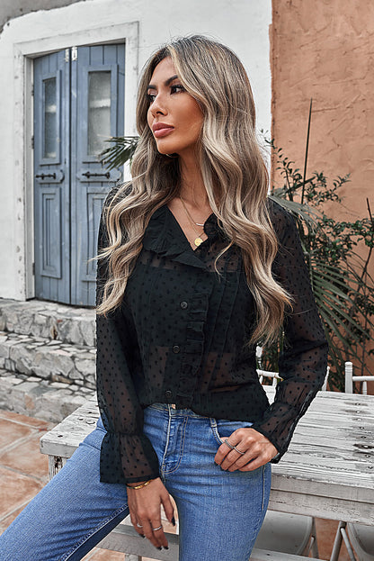 Camisa abotonada con volantes y lunares