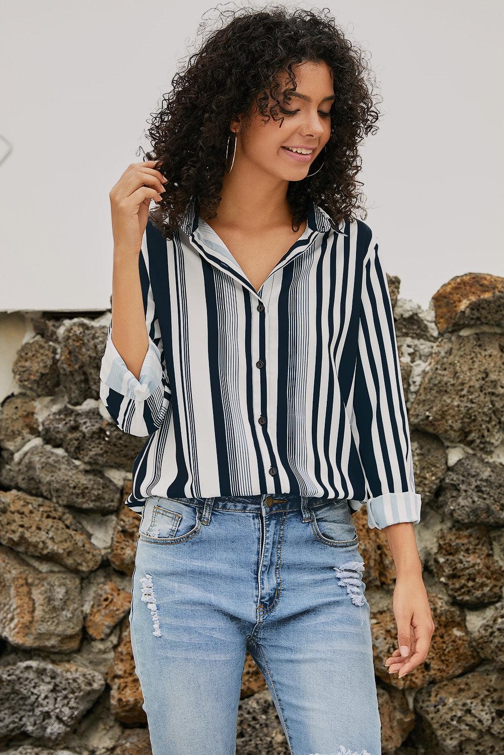 Blue Striped Modern Women Shirt - HannaBanna Clothing
