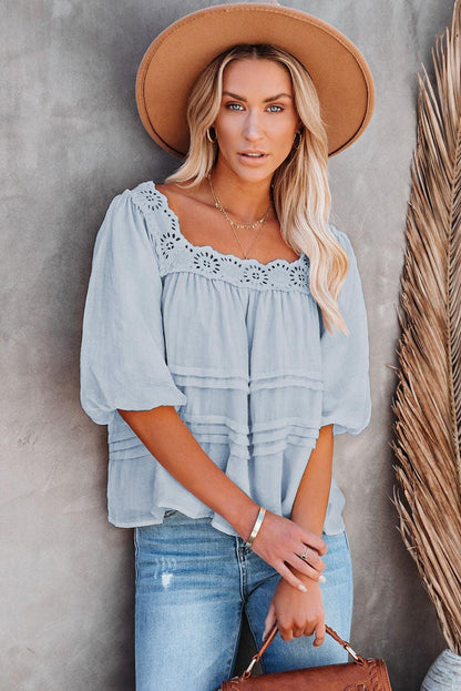 Beige Puff Sleeve Eyelet Babydoll Blouse - HannaBanna Clothing