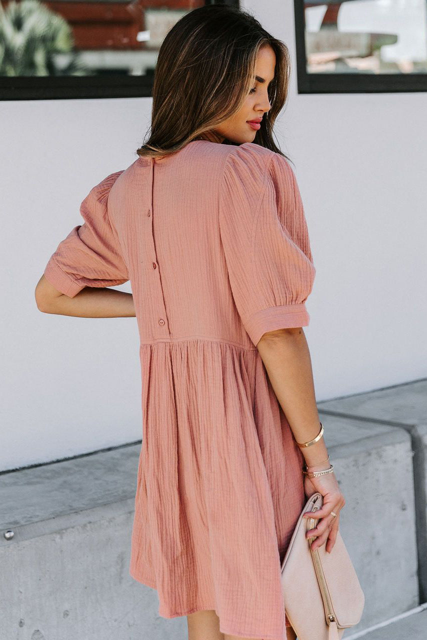 Pocketed Puff Sleeve Empire Waist Swing Short Dress