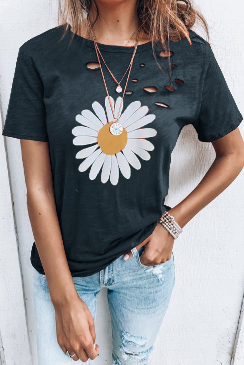 Distressed Crew Neck Leaves Pattern T-shirt