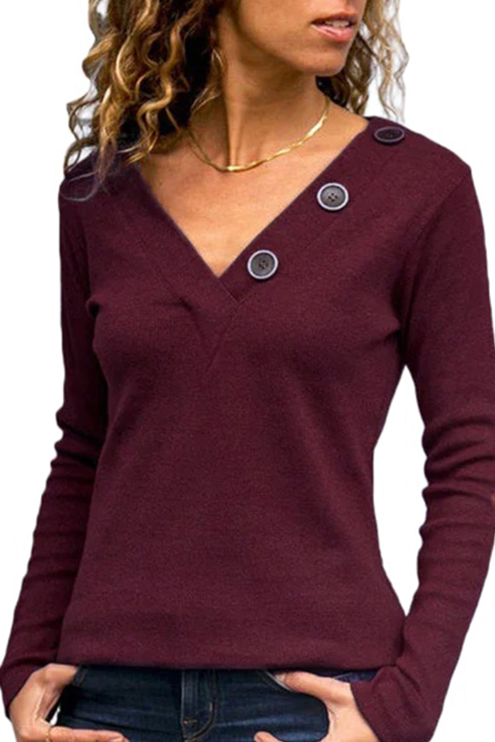 V-neck Button Solid Color Long Sleeve Top